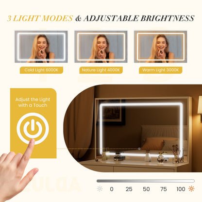 US Local Mirror And Lights, Makeup Vanity Table With Charging Station , 2 Drawers & Large Cabinet, 3 Lighting Color Adjustable, Dressing Table