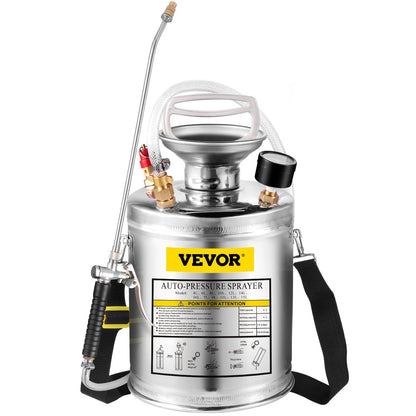 US Local VEVOR 1Gal Stainless Steel, Set With 12Wand  Handle  3FT Reinforced Hose, Hand Pump Sprayer With Pressure Gauge&Safety Valve, Adjustable Nozzle Suitable For Gardening And Sanitizing, Silver