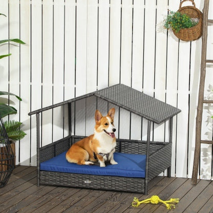 US Local PawHut Wicker Dog House Outdoor With Canopy, Rattan Dog Bed With Water-resistant Cushion, For Small And Medium Dogs, Dark Blue