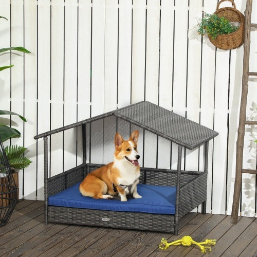 US Local PawHut Wicker Dog House Outdoor With Canopy, Rattan Dog Bed With Water-resistant Cushion, For Small And Medium Dogs, Dark Blue