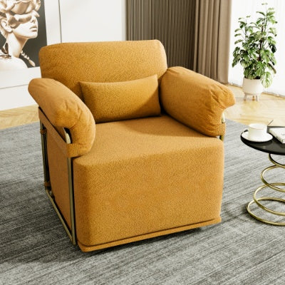 US Local 360 Degree Square Swivel Accent Sofa Chair,Fluffy Fabric Lounge Wide Upholstered Reading Chair With Gold Metal Legs, Comfortable Armchair For Living Room,Bedroom,Office