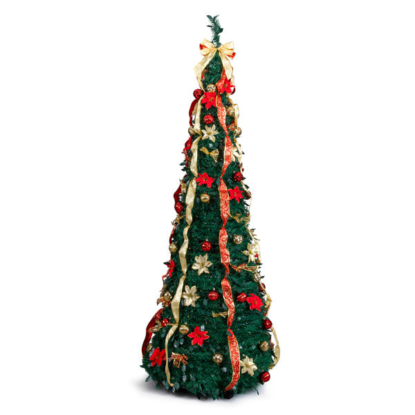 US Local 7 FT Fully Decorated Pre-lit Christmas Tree, Pop Up Artificial Xmas Tree With 200 Warm Lights Remote Control And Red & Golden Ornaments For Home Office Store Holiday Deco