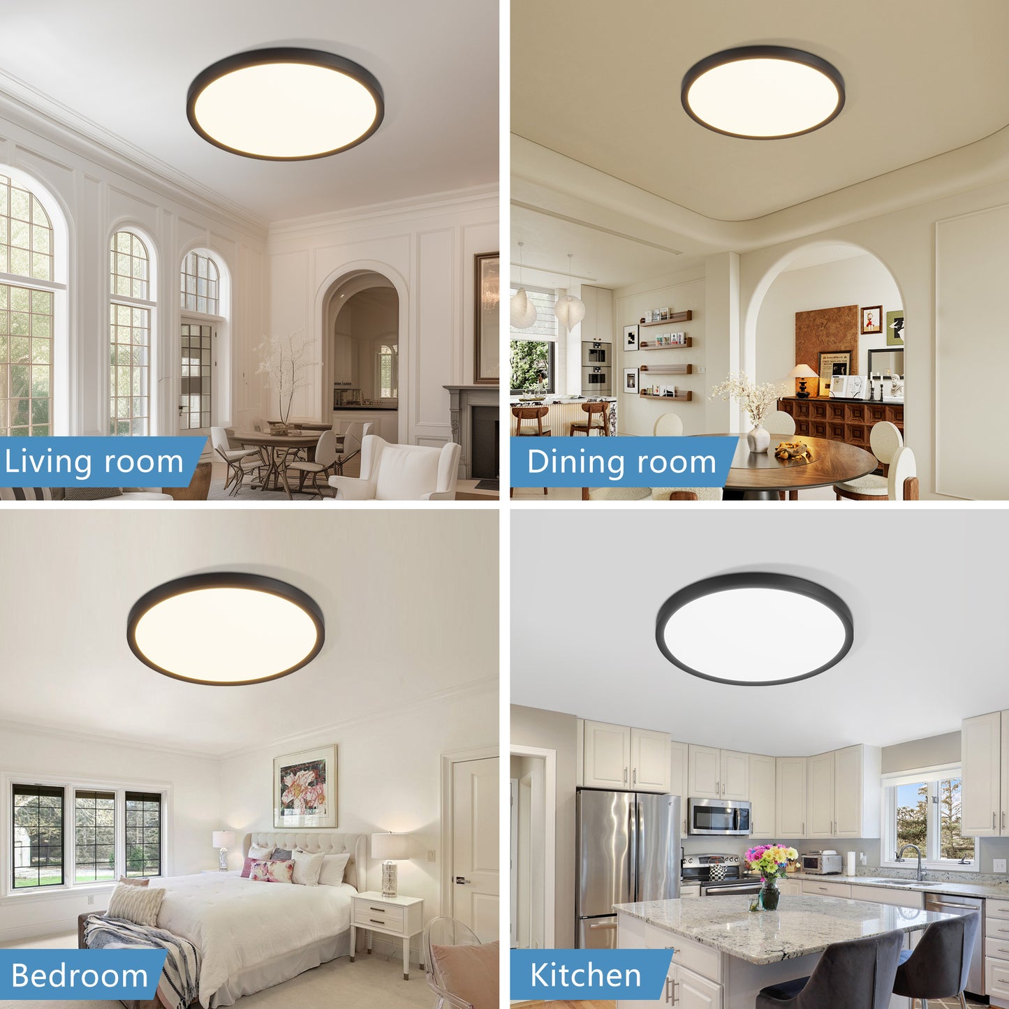 US Local 6PK 12 Inch Dimmable LED Flush Mount Ceiling Light, 2700K-6500K Adjustable,24W 2880LM Modern Ultra Thin Flat Round Fixtures For Low Ceiling Bedroom Kitchen Hallway Basement Closet, Black