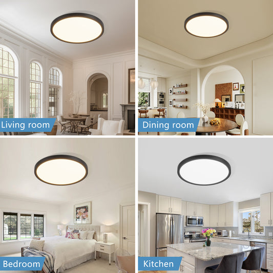 US Local 6PK 12 Inch Dimmable LED Flush Mount Ceiling Light, 2700K-6500K Adjustable,24W 2880LM Modern Ultra Thin Flat Round Fixtures For Low Ceiling Bedroom Kitchen Hallway Basement Closet, Black