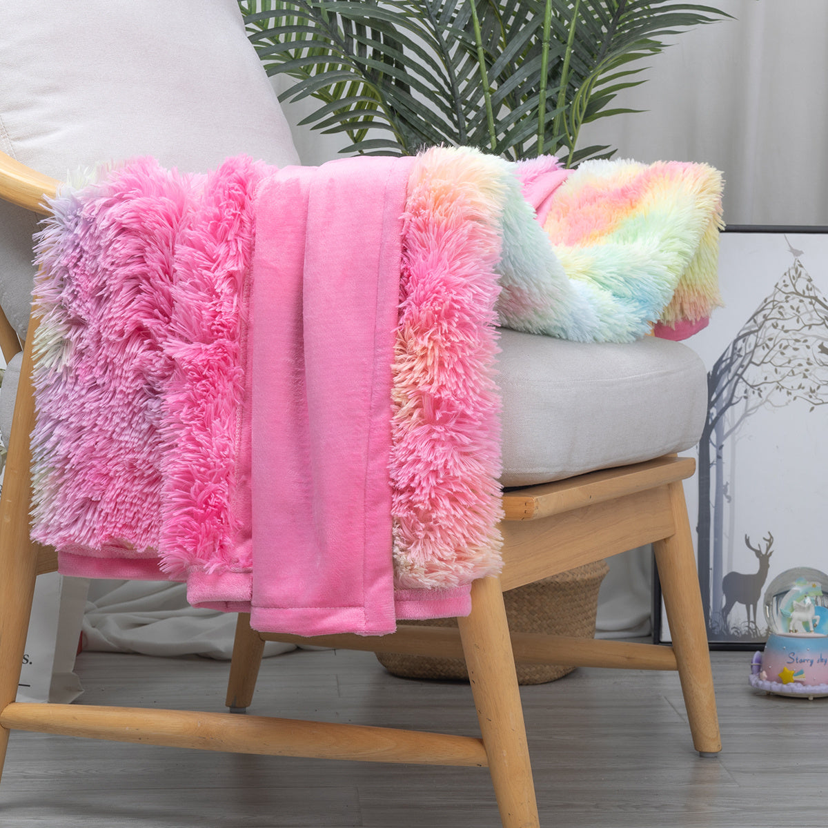 US Local 1 Piece Shaggy Blanket Plush Faux Fur Blanket For Bed Sofa Ultra Soft Luxury Sherpa Blanket Rainbow Colorful  Blanket