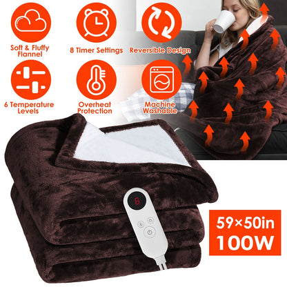 US Local 1 Pc Electric Heated Flannel Throw Heated Blanket With 6 Heat Settings 1-8 Hours Auto Off Washable For Home Office Usage 59x50in