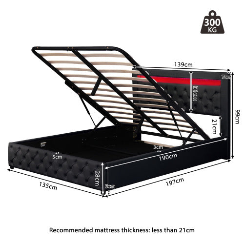 UK Local Upholstered Bed 135 X 190 Cm Functional Bed With Slatted Frame And Storage Space, LED Lighting In Different Colors, White, PU