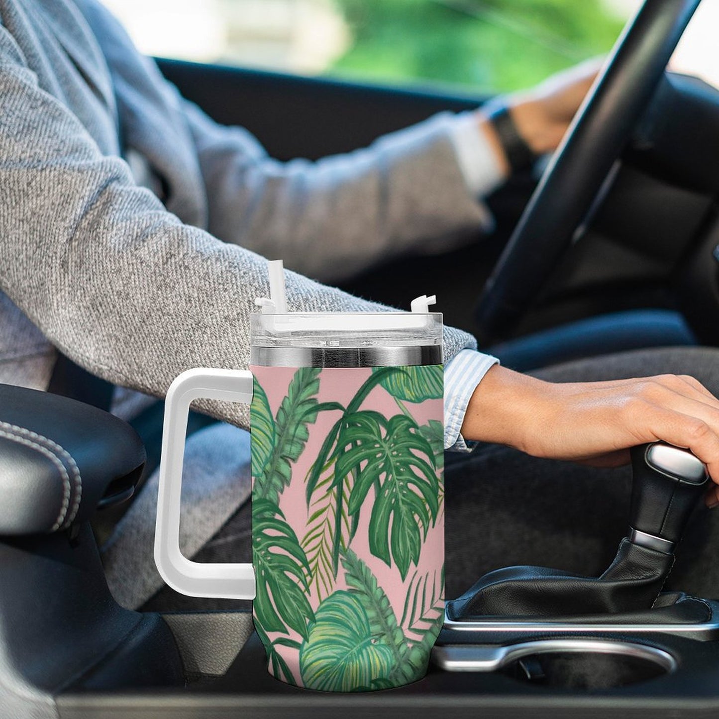 PHDT00047 POD US Local Tumbler 40 oz Large Capacity Car Cup Tropical, Monstera, Pink, Greenery