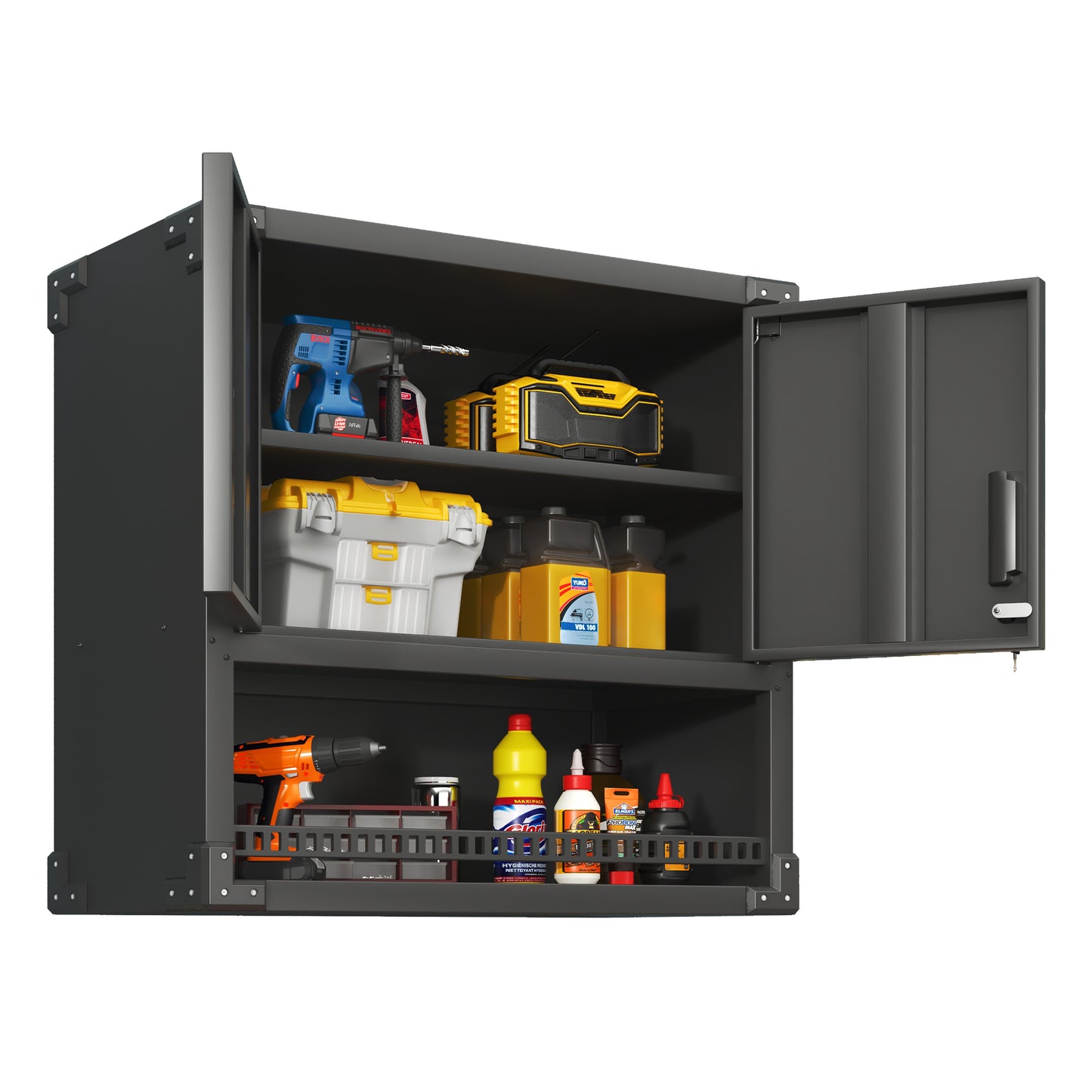 US Local Metal Wall-Mounted Tool Storage Cabinet With Locking Door And 1 Shelf 1 Opened Drawer For Garage Warehouse,Office,Assembly Required