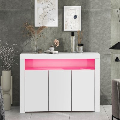 UK Local High Gloss White Sideboard Display Cabinet With LED Lights, Modern 3-Door Wood Buffet Cupboard Storage Unit With Remote Control For Kitchen Living Room Dining Room Hallway