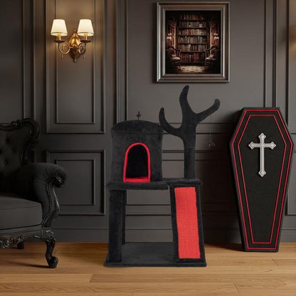 US Local Gothic Cat Tree, Halloween Cat Tower Cat Tree With Spacious Cat Condo, Brach Shaped Scratching Post, Scratching Ladder, Spider Toy For Indoor Cats, Red & Black