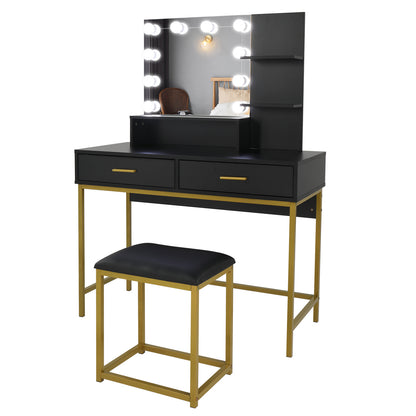 US Local Black, Particleboard, Steel Frame, Two-drawer, Three-tier Shelf, Dressing Table Set, Three-tone Light, Light Luxury