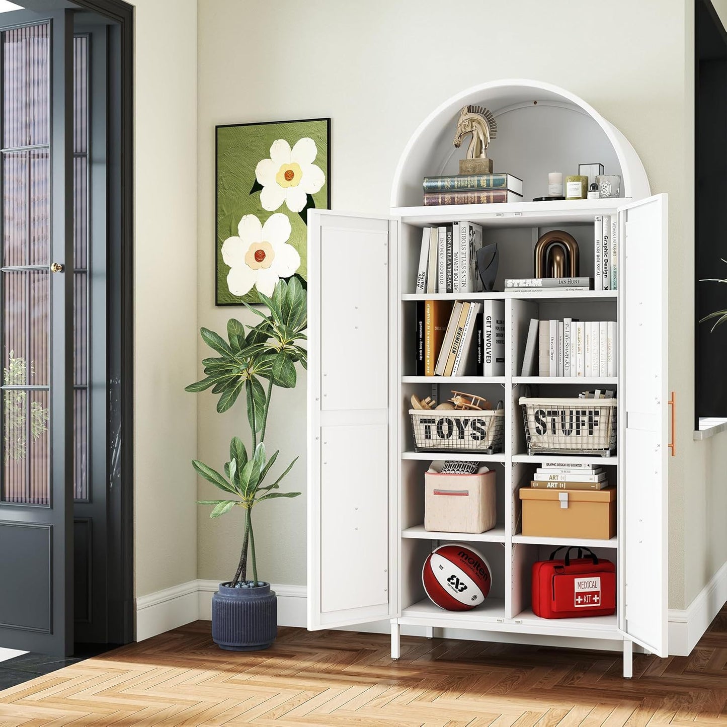 US Local Tall Kitchen Pantry Cabinet, Arched Storage Cabinet With Doors And Adjustable Shelves, White Freestanding Cupboard For Laundry, Dining Room, Living Room, Bathroom