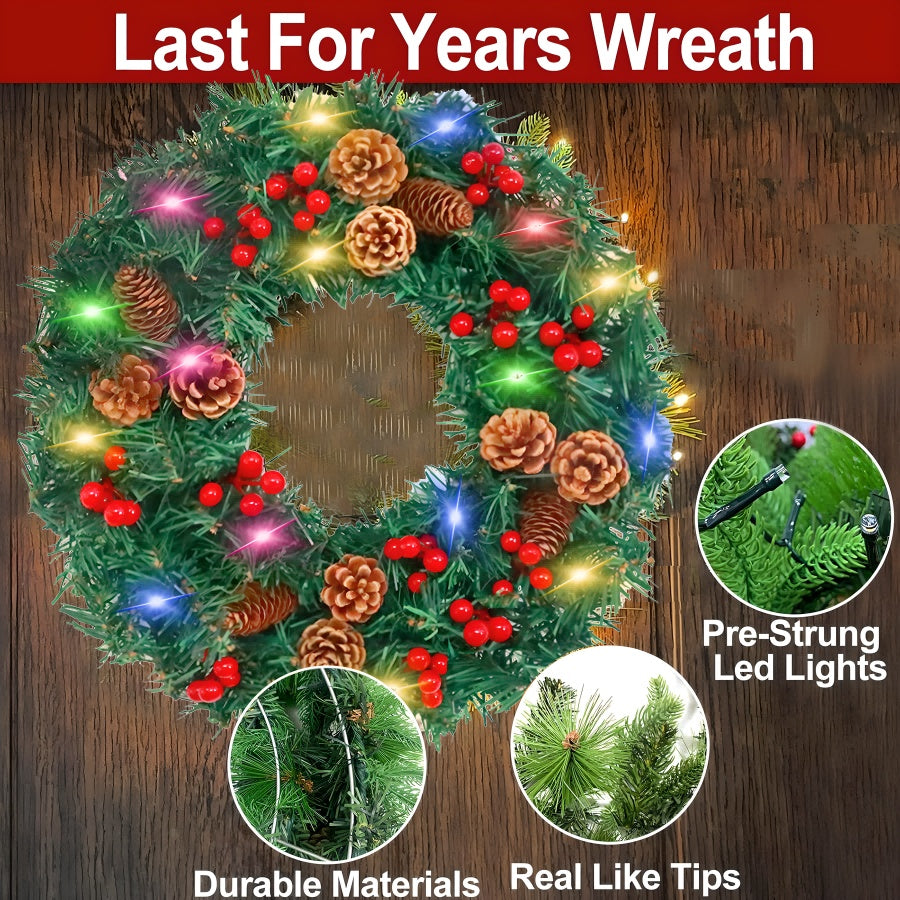 24 - Inch Christmas Wreath. Unlit, Yellow - Lit, Colorful - Lit Styles