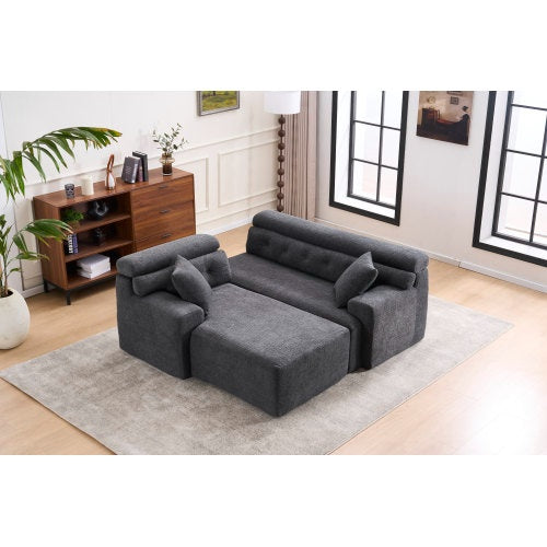 US Local LY-029B WHITE COMPRESSION SOFA Combining Chaise Longue With 3-seater  Wood Grain Chenille Fabric, Full Sponge Compression Sofa,combined Sofa With 2 Pillows For Living Home Furniture