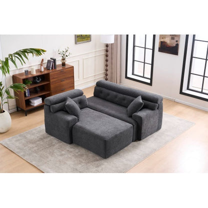 US Local LY-029B WHITE COMPRESSION SOFA Combining Chaise Longue With 3-seater  Wood Grain Chenille Fabric, Full Sponge Compression Sofa,combined Sofa With 2 Pillows For Living Home Furniture