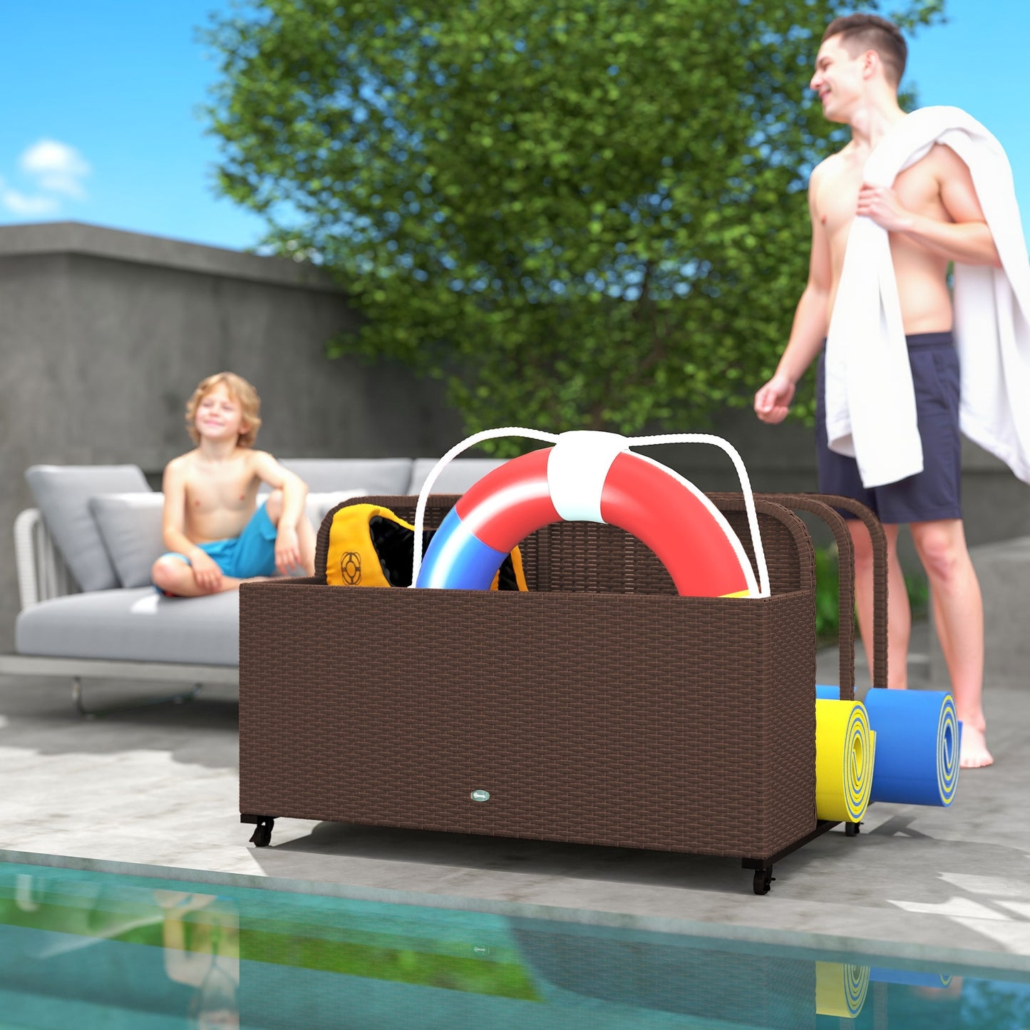 US Local Rattan Pool Float Storage Organizer With Wheels, Brown