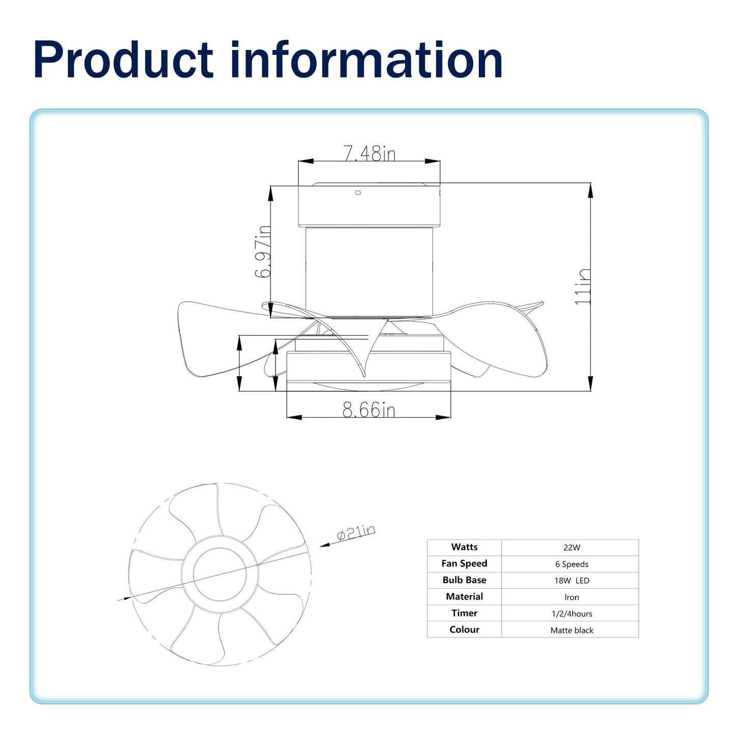 US Local 21'' Low Noise Matte Black Abs Blade Remote Ceiling Fan With Led Light For Kitchen Bedroom Dining Room Toilet Patio Matt Black