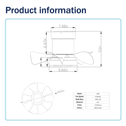 US Local 21'' Low Noise Matte Black Abs Blade Remote Ceiling Fan With Led Light For Kitchen Bedroom Dining Room Toilet Patio Matt Black