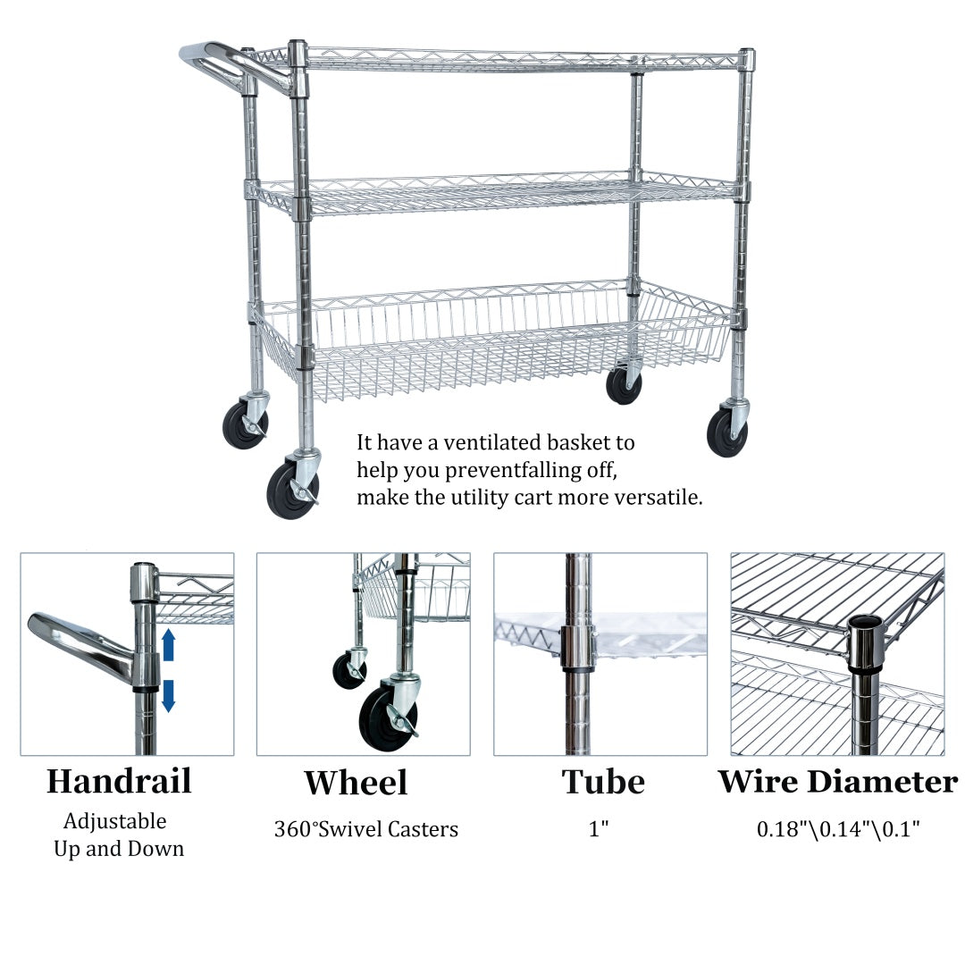 US Local Heavy Duty Rolling Utility Cart,3 Tier Rolling Carts With Wheels,with Handle Bar  Shelf Liners,36X18X32  Storage Cart For Kitchen,Restaurant,Plant Display,Chrome