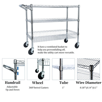 US Local Heavy Duty Rolling Utility Cart,3 Tier Rolling Carts With Wheels,with Handle Bar  Shelf Liners,36X18X32  Storage Cart For Kitchen,Restaurant,Plant Display,Chrome