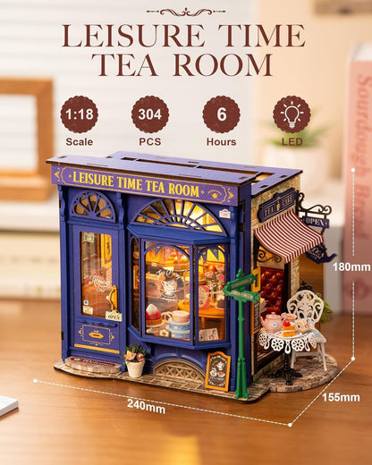 US Local ROBOTIME DIY Miniature Dollhouse Kit - Tea Room With LED Lights And Furniture, Wooden Model Building Set For Adults And Kids, Creative Gift For Leisure Time