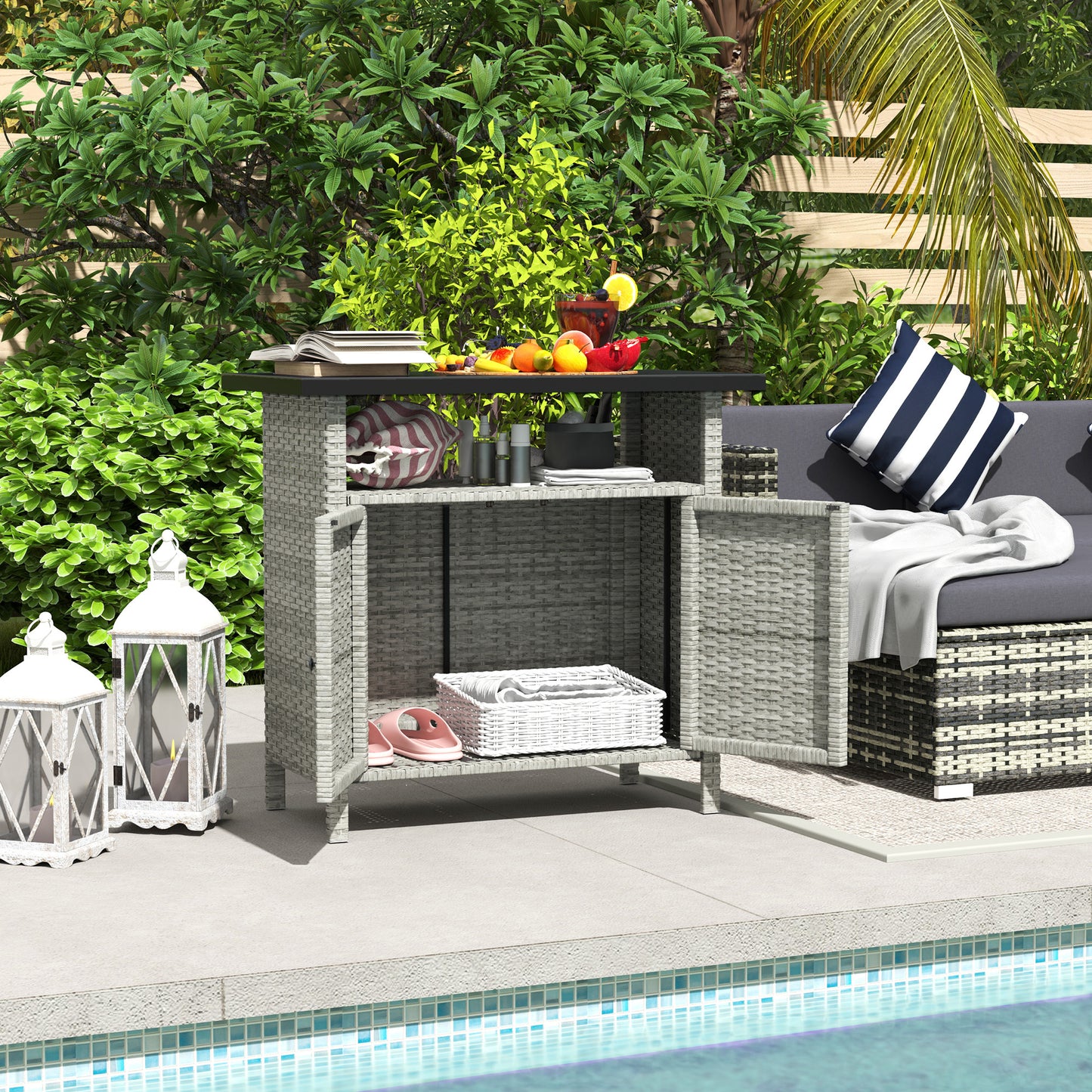 Wicker Outdoor Storage Cabinet With Two Doors And Shelf For Outdoor Pool Towel Storage, Gray