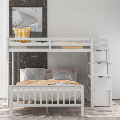 US Local Twin Over Full Loft Bed With Staircase,White