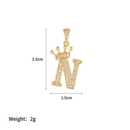 Gold Plated Copper Inlaid Zircon Crown 26 English Letters Full Diamond Pendant Parts