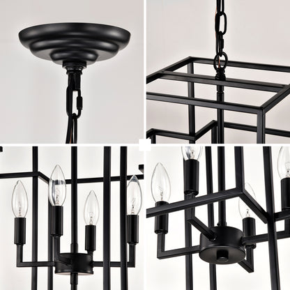 US Local 8-Light Metal Lantern Tiered Pendant Hanging Light Fixtures, Industrial Farmhouse Adjustable Height Chandeliers For Dining Room Hallway Foyer Entryway--Matte Black E12 Bulbs Not Included