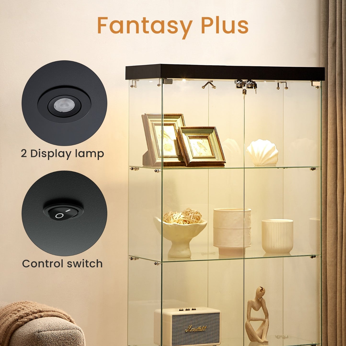 US Local 4-Tier Glass Display Cabinet, Double Door Glass Cabinet, Four Partitions, Two Locks, Floor Standing