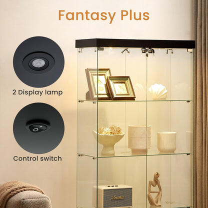 US Local 4-Tier Glass Display Cabinet, Double Door Glass Cabinet, Four Partitions, Two Locks, Floor Standing