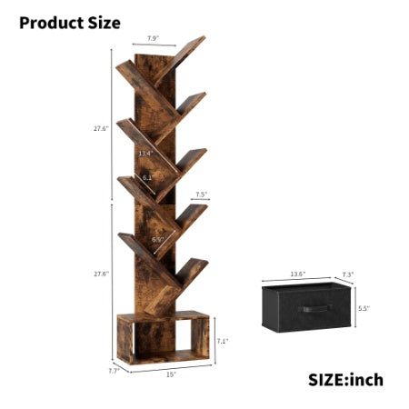 US Local 9 Tier Tree Bookshelf With Drawer Bookcase, Modern Book Storage, Free Standing Tree Bookcase, Utility Organizer Shelves For Home Office, Living Room, Bedroom, Rustic Brown