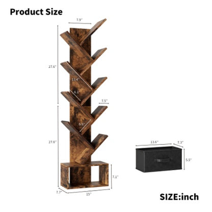US Local 9 Tier Tree Bookshelf With Drawer Bookcase, Modern Book Storage, Free Standing Tree Bookcase, Utility Organizer Shelves For Home Office, Living Room, Bedroom, Rustic Brown