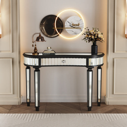 US Local 47 Half Moon Mirrored Console Table With Fluted Glass Crystal Knob Drawer Silver Entryway Vanity Desk For BedroomDressing RoomGold Sliver