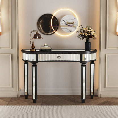 US Local 47 Half Moon Mirrored Console Table With Fluted Glass Crystal Knob Drawer Silver Entryway Vanity Desk For BedroomDressing RoomGold Sliver