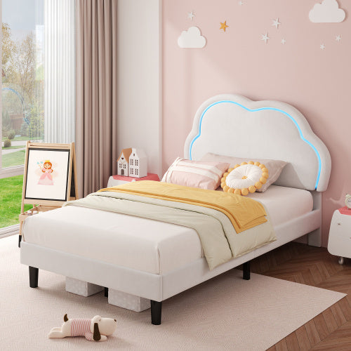 UK Local 3ft Single Upholstered Bed With LED Adjustable Cute Cloud Headboard, Soft Velvet Bed Frame With Solid Wood Slat, No Box Spring Needed, Easy Assembly, Cream White No Mattress