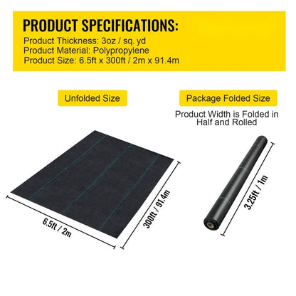 US Local VEVOR 6.5FTx300FT Premium Weed Barrier Fabric Heavy Duty 3OZ, Woven Weed Control Fabric, High Permeability Good For Flower Bed, Geotextile Fabric For Underlayment, Polyethylene Ground Cover
