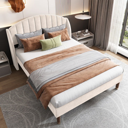 UK Local Upholstered Bed,Double Bed-4ft6 135x190cm,with Slatted Frame And Headboard, Youth Bed, Wooden Slatted Support, Easy Assembly, Velvet, Beige