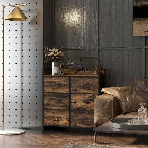 UK Local HOMCOM Rustic Chest Of Six Fabric Drawers - Rustic Brown