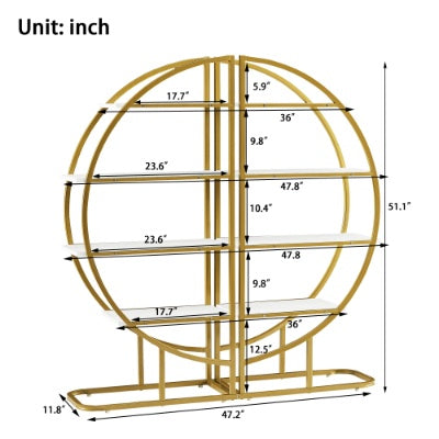 US Local 4 Tiers Home Office Open Bookshelf, Round Shape, Different Placement Ways, MDF Board, Gold Metal Frame, Golden