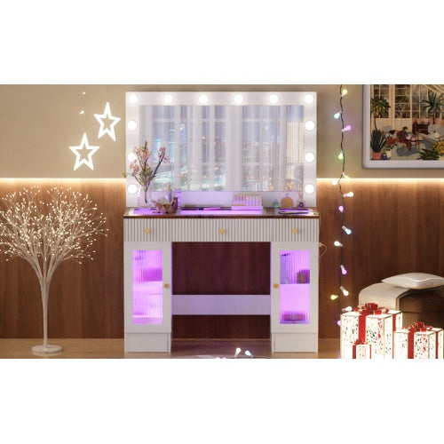 US Local 43.3 Vanity Desk With Large Mirror And Hollywood Bulbs, Modern Glass Top Makeup Vanity With Drawers And Power Outlet, Large Dressing Table With 3 Color Lighting Modes & RGB Cabinets For Bedroom