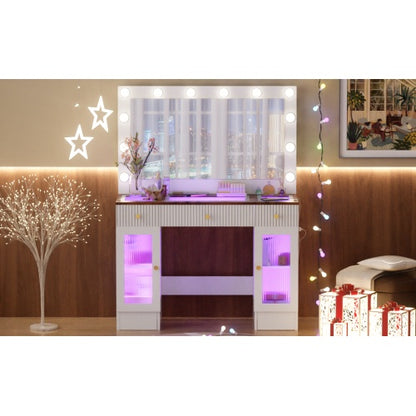 US Local 43.3 Vanity Desk With Large Mirror And Hollywood Bulbs, Modern Glass Top Makeup Vanity With Drawers And Power Outlet, Large Dressing Table With 3 Color Lighting Modes & RGB Cabinets For Bedroom