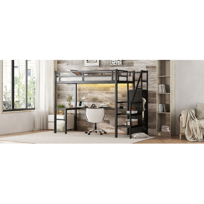 US Local Twin XL Size Loft Bed With L-shaped Desk And USB, Metal Loft Bed With Wardrobe And Adjustable Shelf, High Loft Bed With LED For Kids Teens Adults, Black