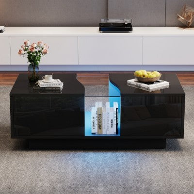 UK Local Led Coffee Table With 2 Drawer Storage, High Gloss Coffee Table For Living Room Unique Shape Centre Table With 16-Color Led Lights,End Table For Home Office Furniture, Black