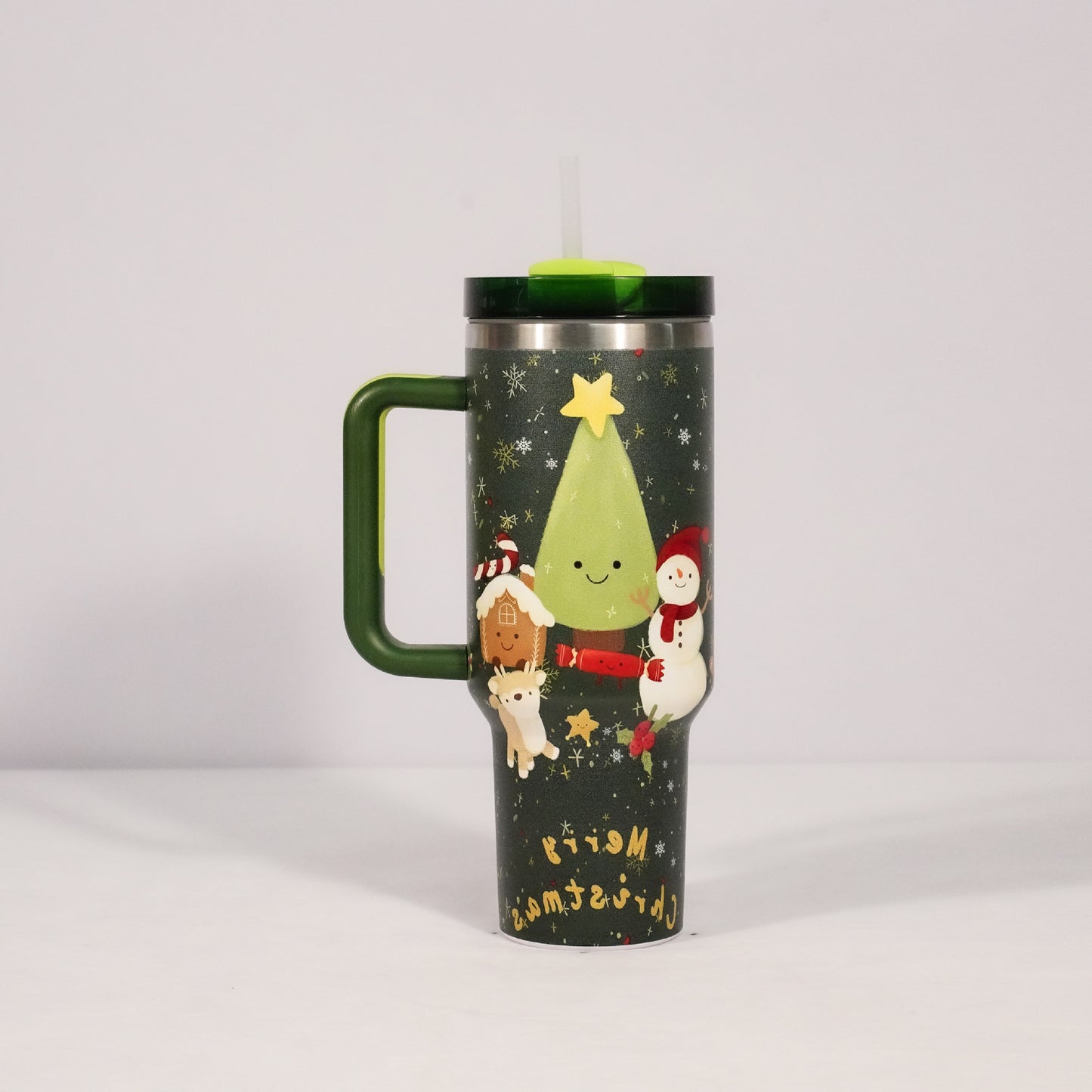Christmas Pattern Mug With Handle Lid Straw Drinkware Stainless Steel Vacuum Tumbler Large Capacity Car Travel Coffee Cup