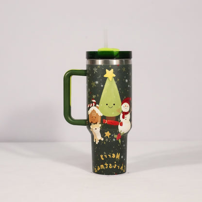 Christmas Pattern Mug With Handle Lid Straw Drinkware Stainless Steel Vacuum Tumbler Large Capacity Car Travel Coffee Cup