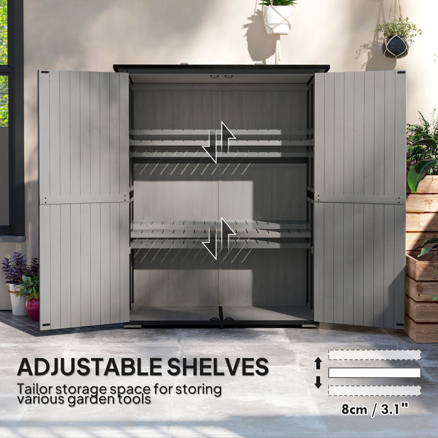 US Local Wood Storage Shed, Outdoor Garden Shed With Asphalt Roof, 2 Shelves, Lockable Doors And Adjustable Feet, Gray