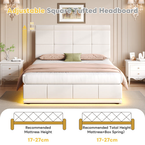 UK Local Ottoman Double Bed With LED Lighting, PU Leather Upholstered Bed With Hydraulic Storage, 4ft6 Double Bed Frame With Adjustable Square Tufted Headboard, Cream White