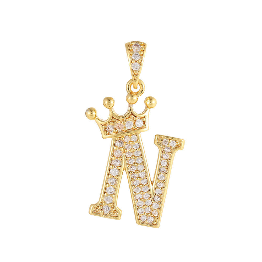 Gold Plated Copper Inlaid Zircon Crown 26 English Letters Full Diamond Pendant Parts
